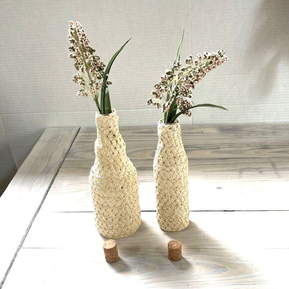 NAUTICAL Wrapped Glass Bottles with Cork Stoppers Decor 8 and 7 inches Tall - Picture 3 of 7